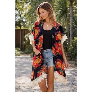 DAVID and YOUNG Floral‎ Rose Kimono Cardigan Black Lace Trim One Size
